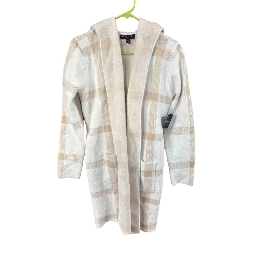 Absolutely‎ Famous Womens Plaid Hooded Cardigan Sweater Cream Tan Belted M NWT